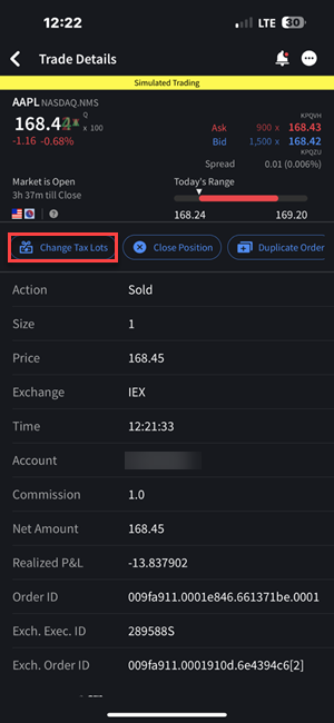 The changetax lots button on the iPhone